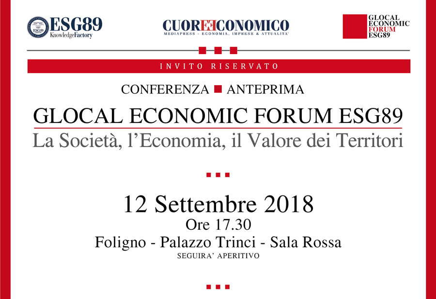 Glocal Economic Forum ESG89. A Foligno la presentazione dell’incontro economico in programma a ottobre